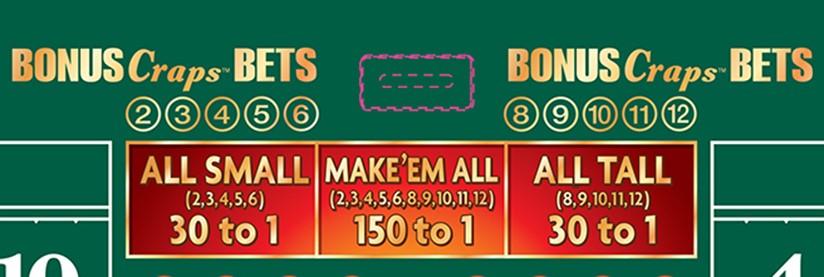 Artistic rendering of a craps table showing the bonus craps bets section of All Small, Make 'Em all, and All Tall