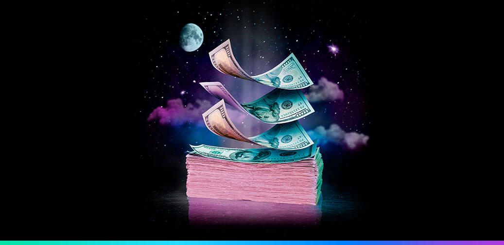 Stacks of money with the night sky in the background