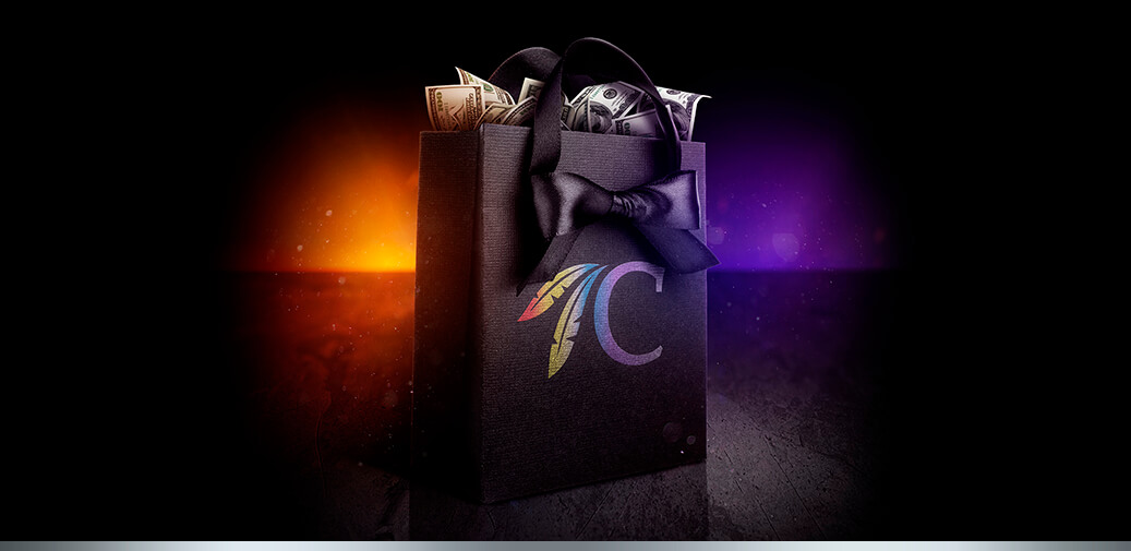 Black shopping bag filled with money