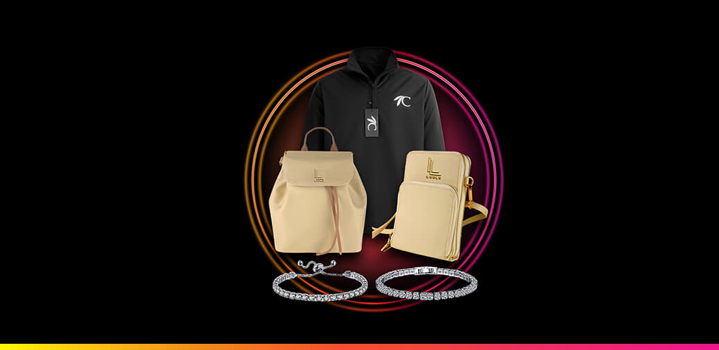 Black jacket with white choctaw logo. two silver bracelets. a tan backpack and a tan purse