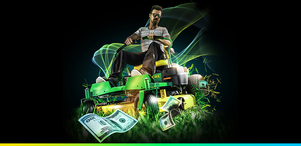 man on lawn mower with hundreds flying around