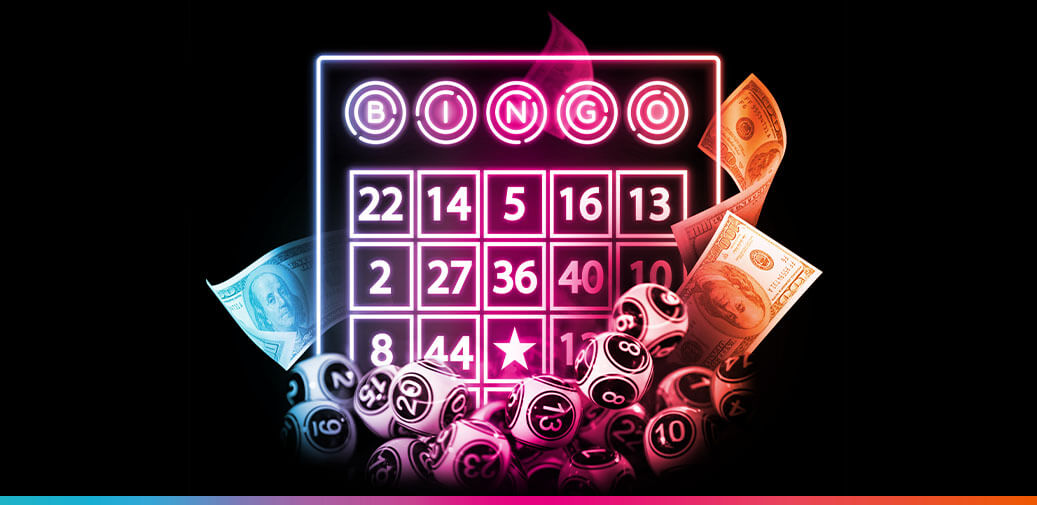 L.E.D bingo sheet surrounded by bingo balls and money