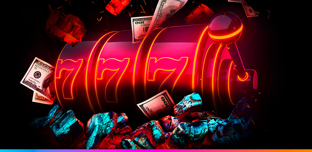 Red reels with 7's on it with hundred-dollar bills flying around