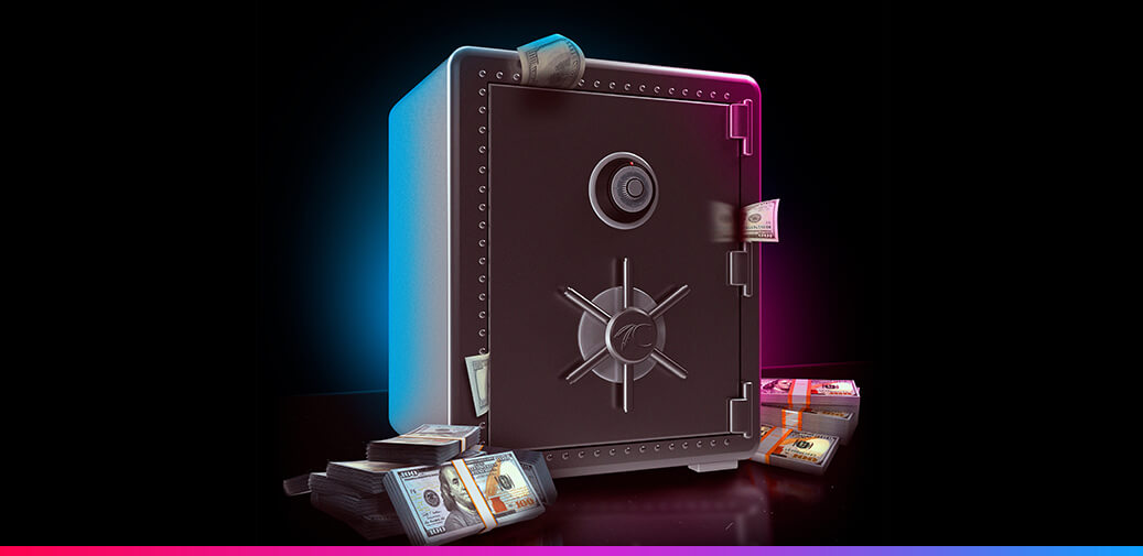 A vault with cash stacked around it and sticking out the door
