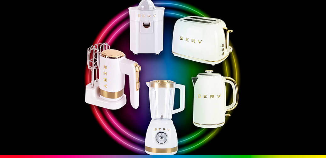 Five pieces of white kitchen equipment, a juicer, a toaster, a blender, electric kettle, and hand-held mixer