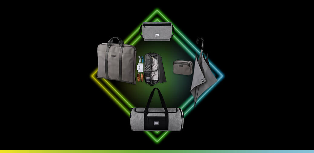 four different sized bags with a grey umbrella