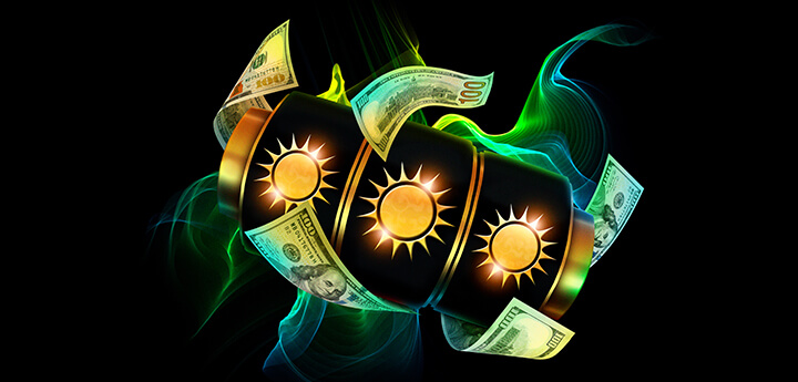 golden reels with three suns on them and with hundred-dollar bills