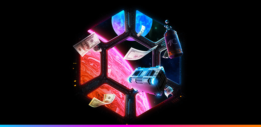 A window looking into space with money flying around