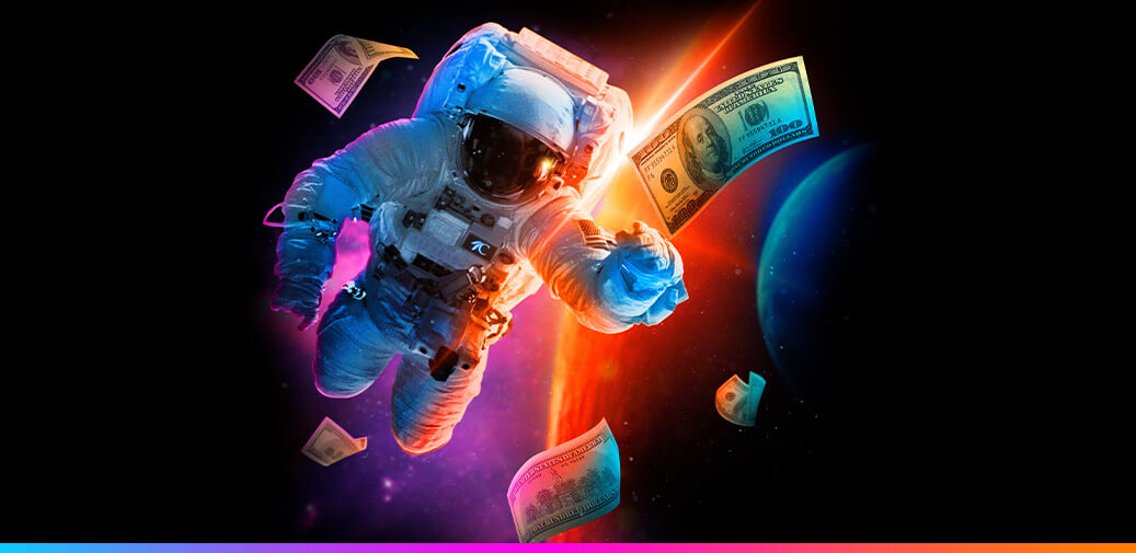 astronaut floating in space with different rewards club cards floating award
