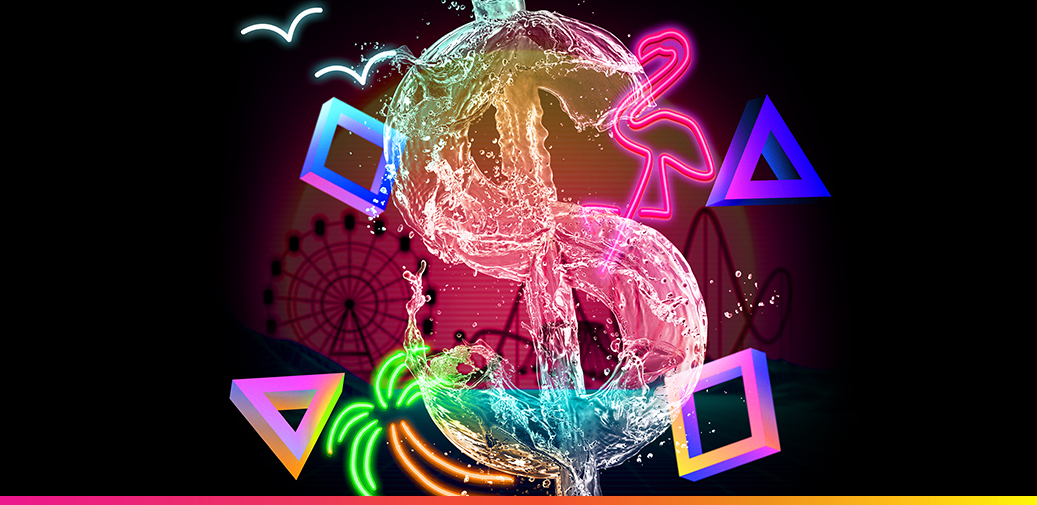Water dollar sign surrounded by neon shapes