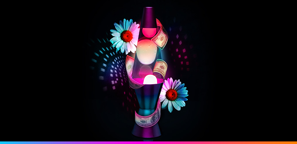 Lava lamp surrounded by daisies