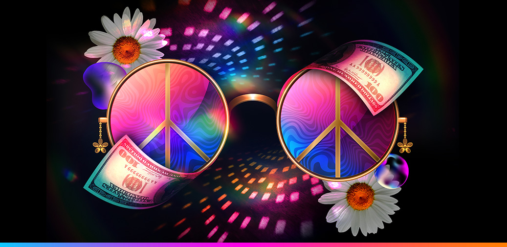 Hippie glasses with peace signs in them surrounded by money and daisies