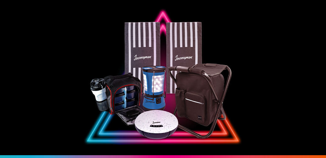 Summer gear. Two towels, lamp, lunch bag, speaker, and foldable stool