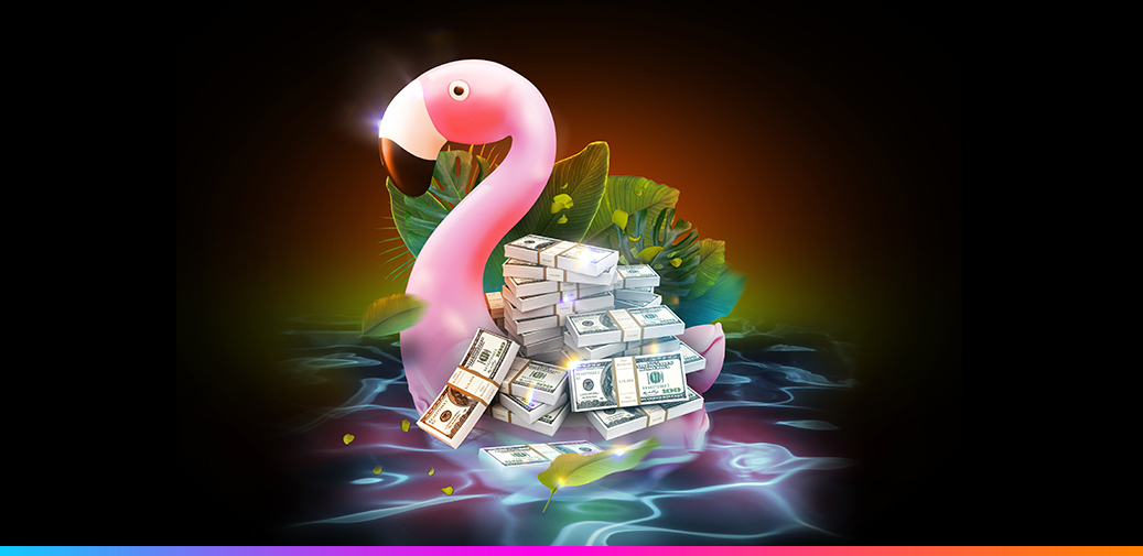 Pink flamingo floatie with money on it