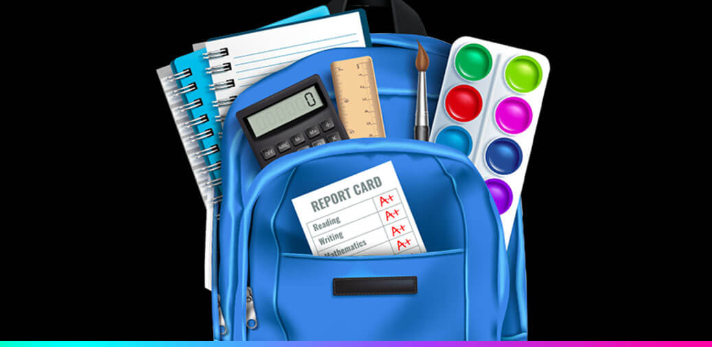 Blue pack filled with school supplies
