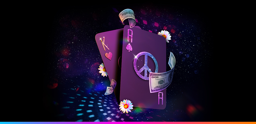 Purple playing cards with peace signs on them. Money and daisies flying around the cards.