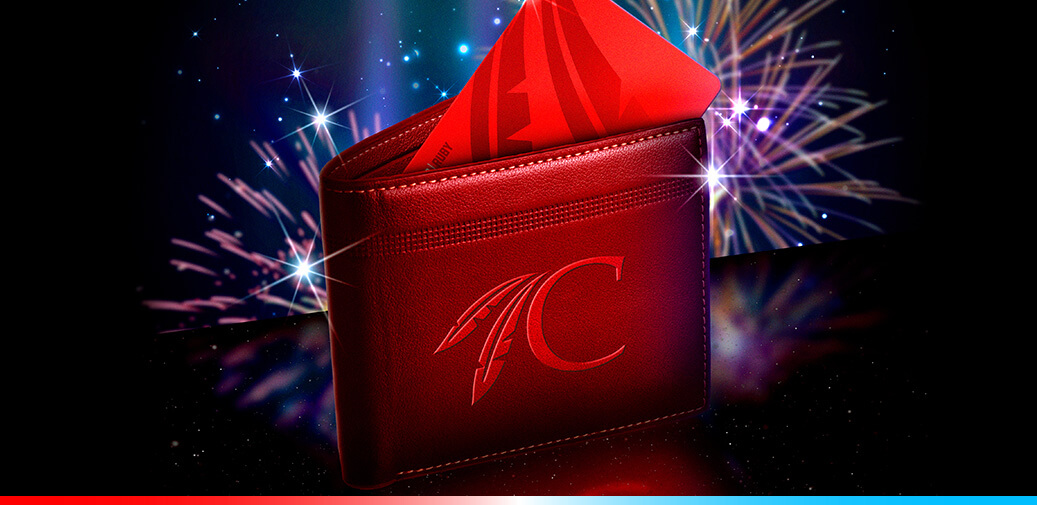 Choctaw C Wallet with a card in it and fireworks