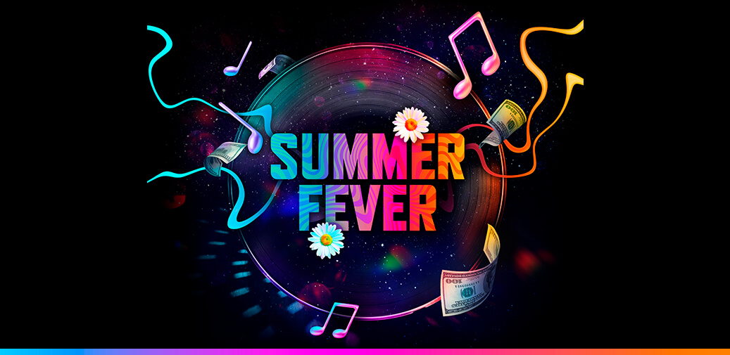 Summer Fever with bright colors, money, music notes and sunflowers