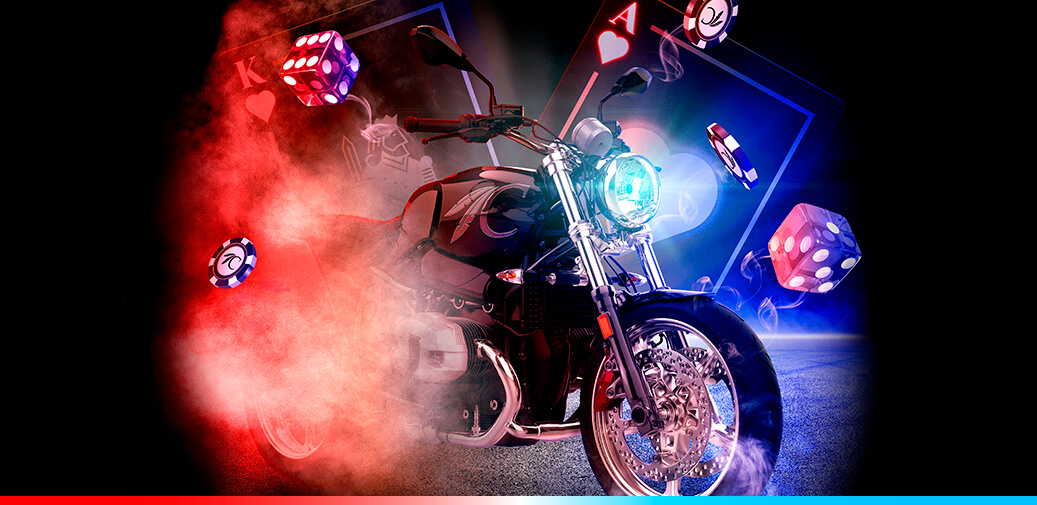 A motorcycle surrounded by dice, chips, smoke, and cards