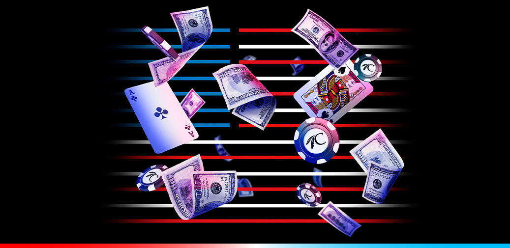 Cards, money, and chips flying around