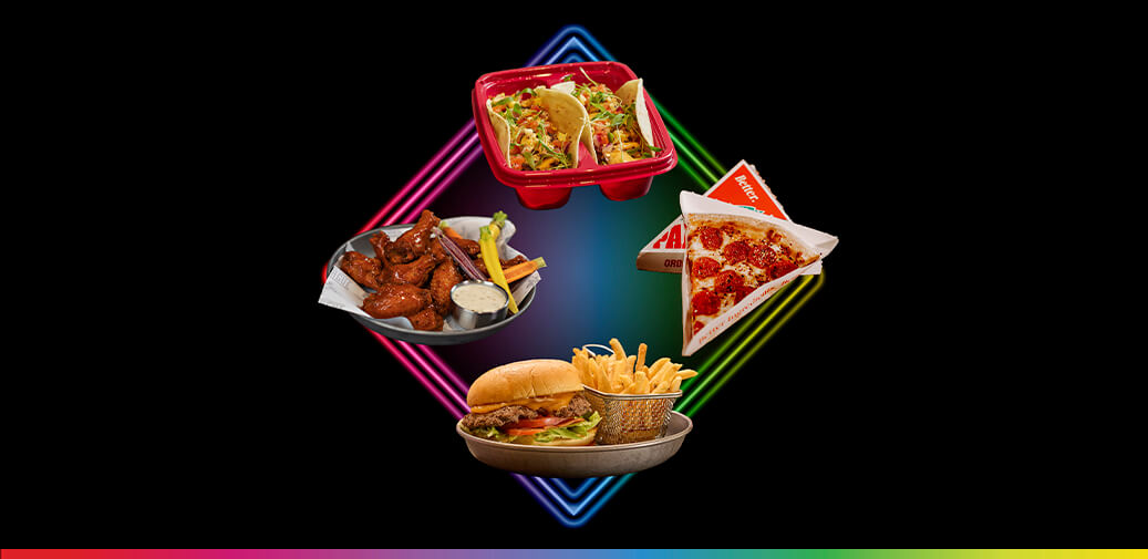 Tacos, burger, pizza, wings