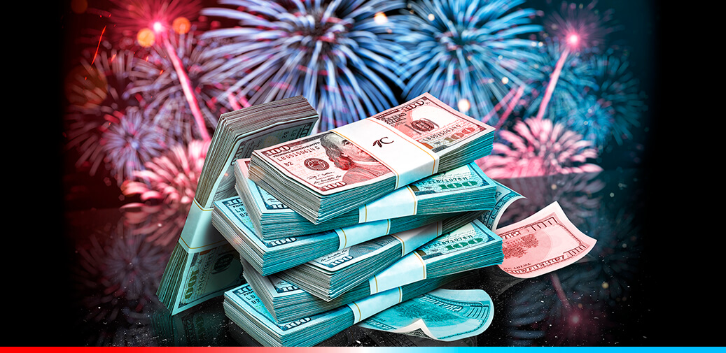 stacks of money with fireworks in the background