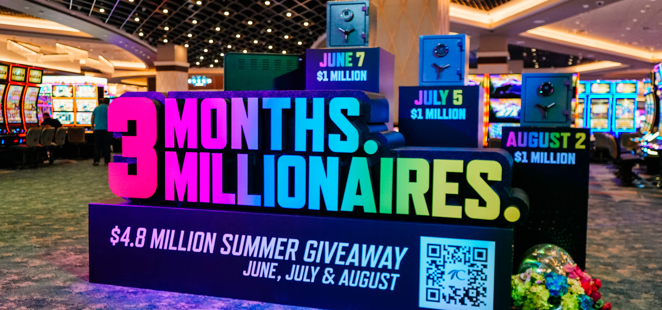 3 Months. 3 Millionaires. $4.8 Million Summer Giveaway in June, July & August sign on the casino floor