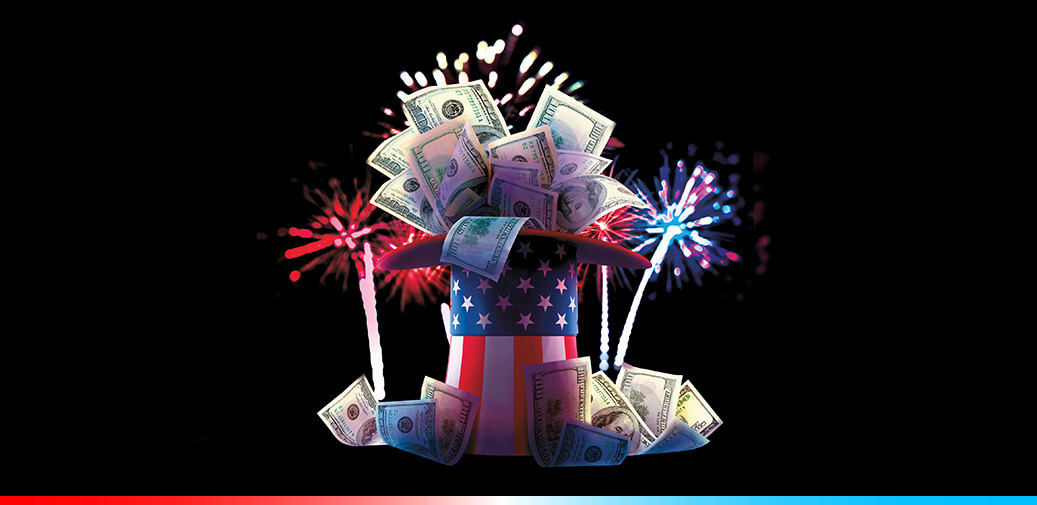 Cash in a an American flag top hat with fireworks on the sides