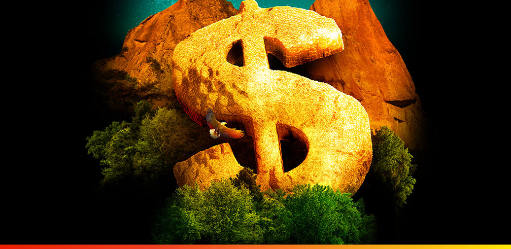 rock dollar sign with trees around it