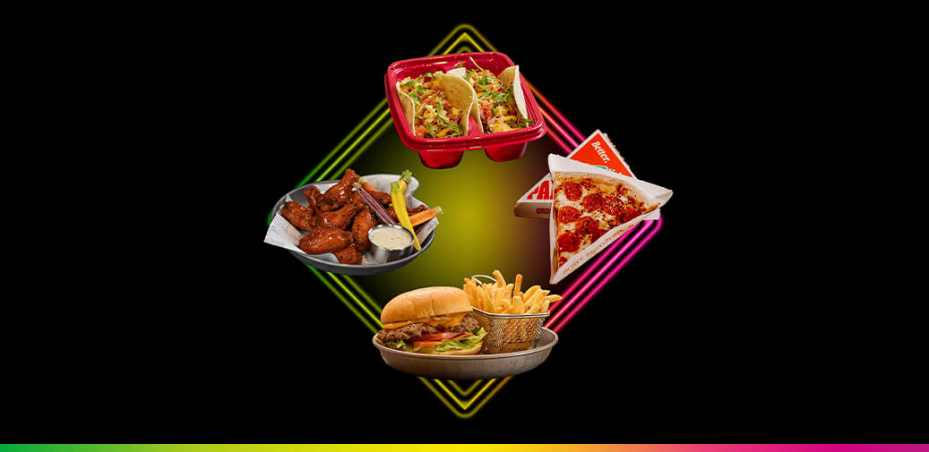 Tacos, burger, pizza, wings