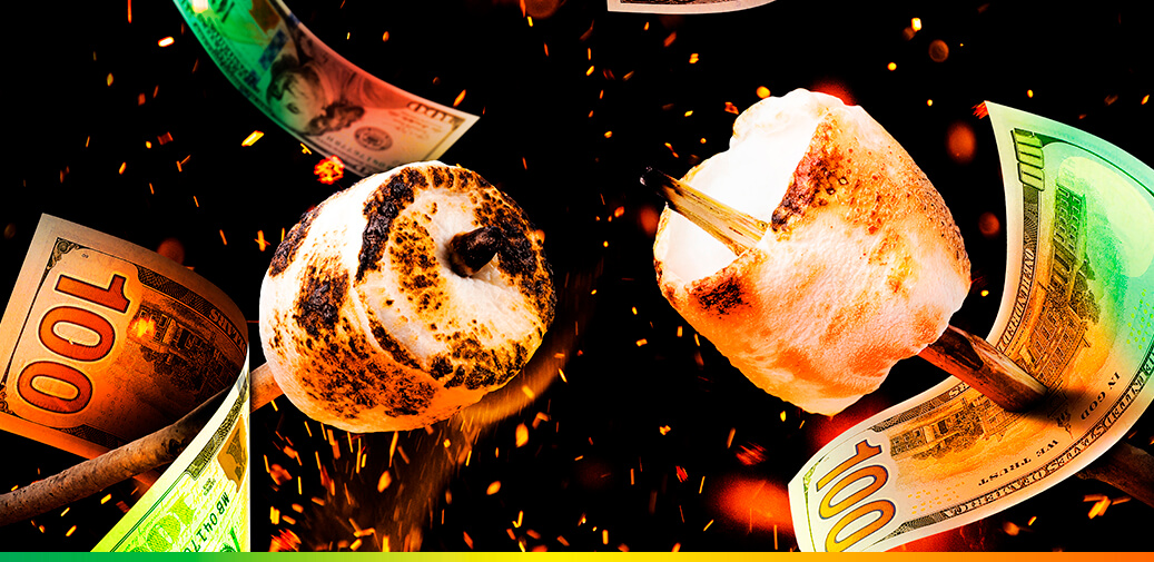 Marshmallows and money roasting over a fire