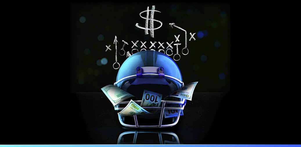 Blue football helmet with money sticking out of it