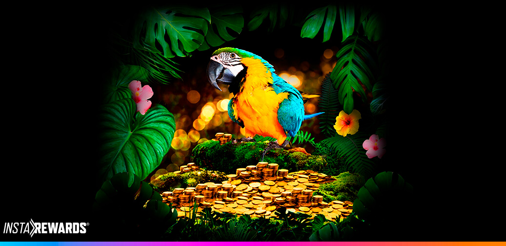A parrot surrounded by gold coins and leaves