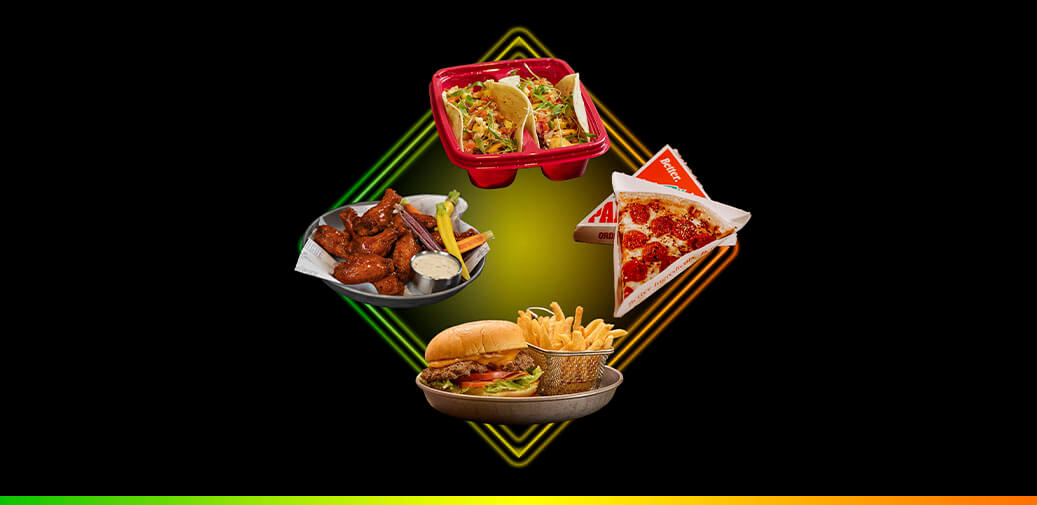 Tacos, burger, pizza, wings