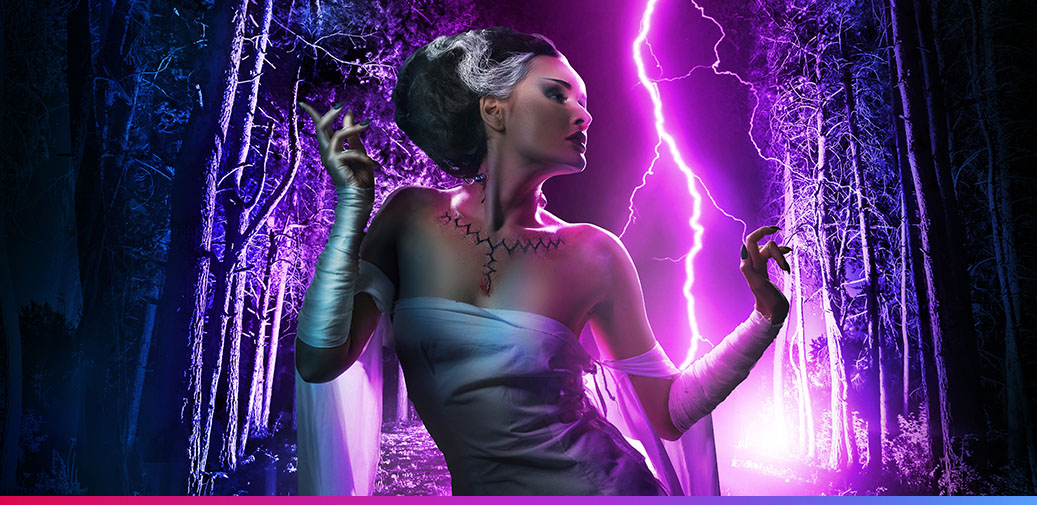 Frankenstein's wife in the woods with lighting in the background