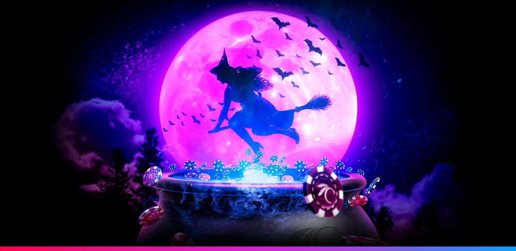 A witch flying above a caldron