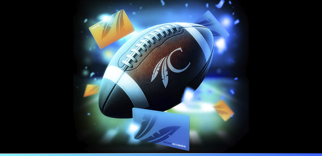 football with choctaw logo surrounded by rewards club cards