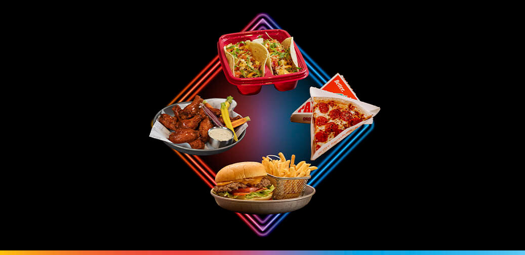 Tacos, burger, pizza, wings