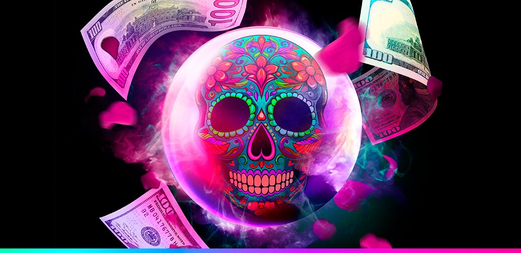 Sugar skull surrounded by money