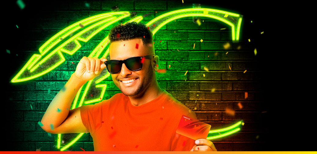 Man wearing sunglasses holding a rewards club card