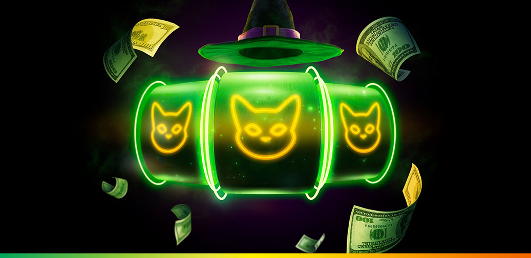 Casino reel that looks like a cat with a witches hat on