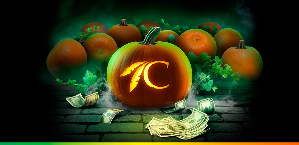 A pumpkin with the choctaw logo carved on it