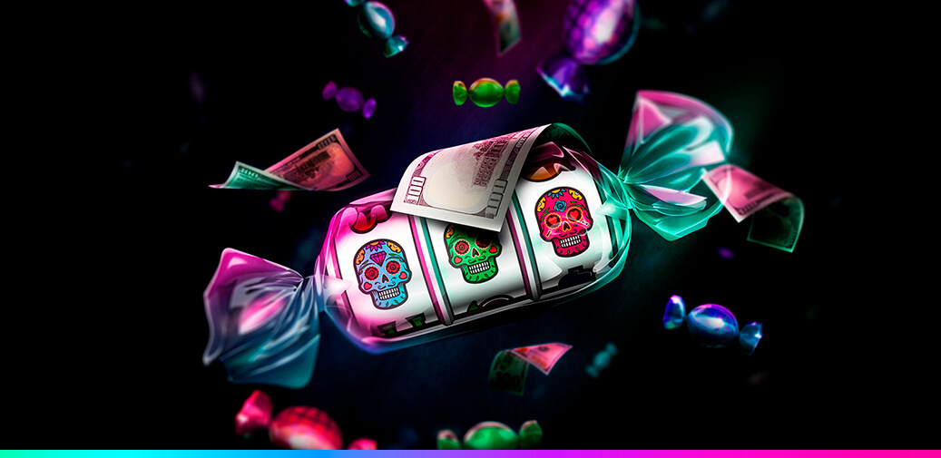A piece of candy with three sugar skulls on it and pieces of candy falling around it