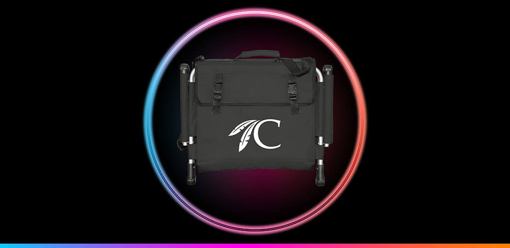 Black stadium chair with white choctaw logo