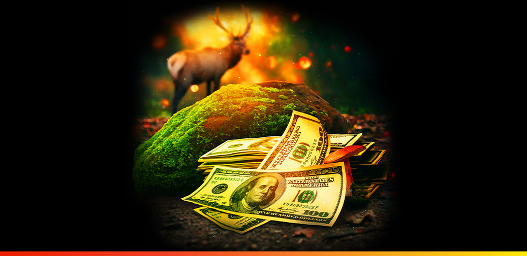 100 dollar bills with a deer in the background