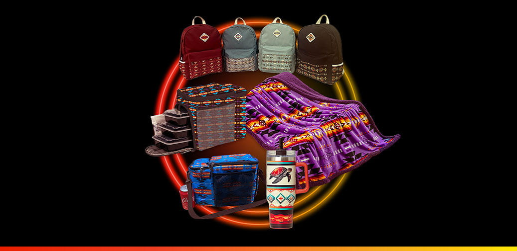 tribal print backpacks, lunchbox, blanket, and tumbler