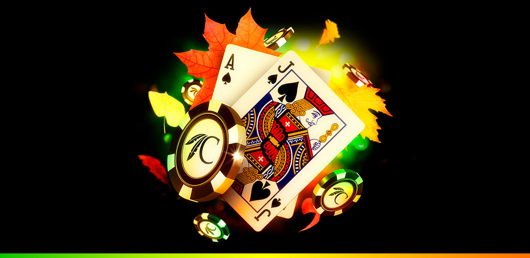 Jack and Ace card surrounded by fall leaves and choctaw poker chips