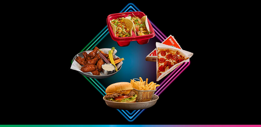 Tacos, burger, pizza, wings