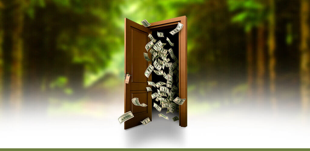 Cash flying out of a door