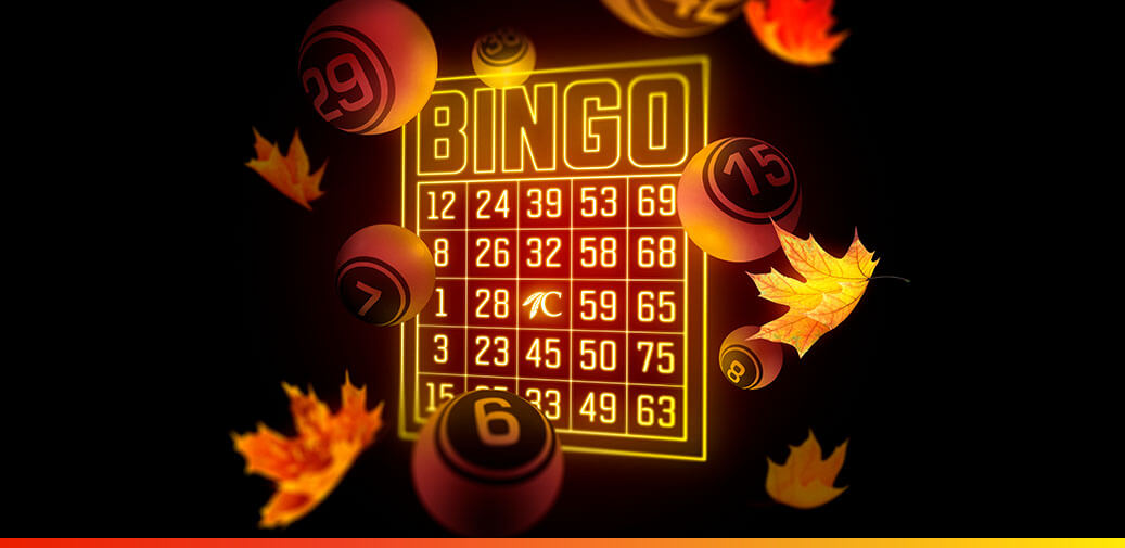 L.E.D. Bingo card surrounded by bingo balls and leaves